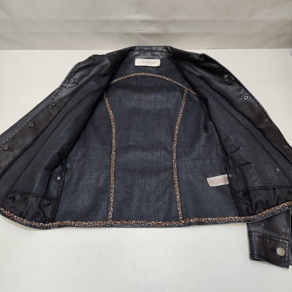 Paris Blue Faux Leather Jacket Small (3-5) Snap Buttons Leopard Trim Detail VGC - Picture 5 of 11